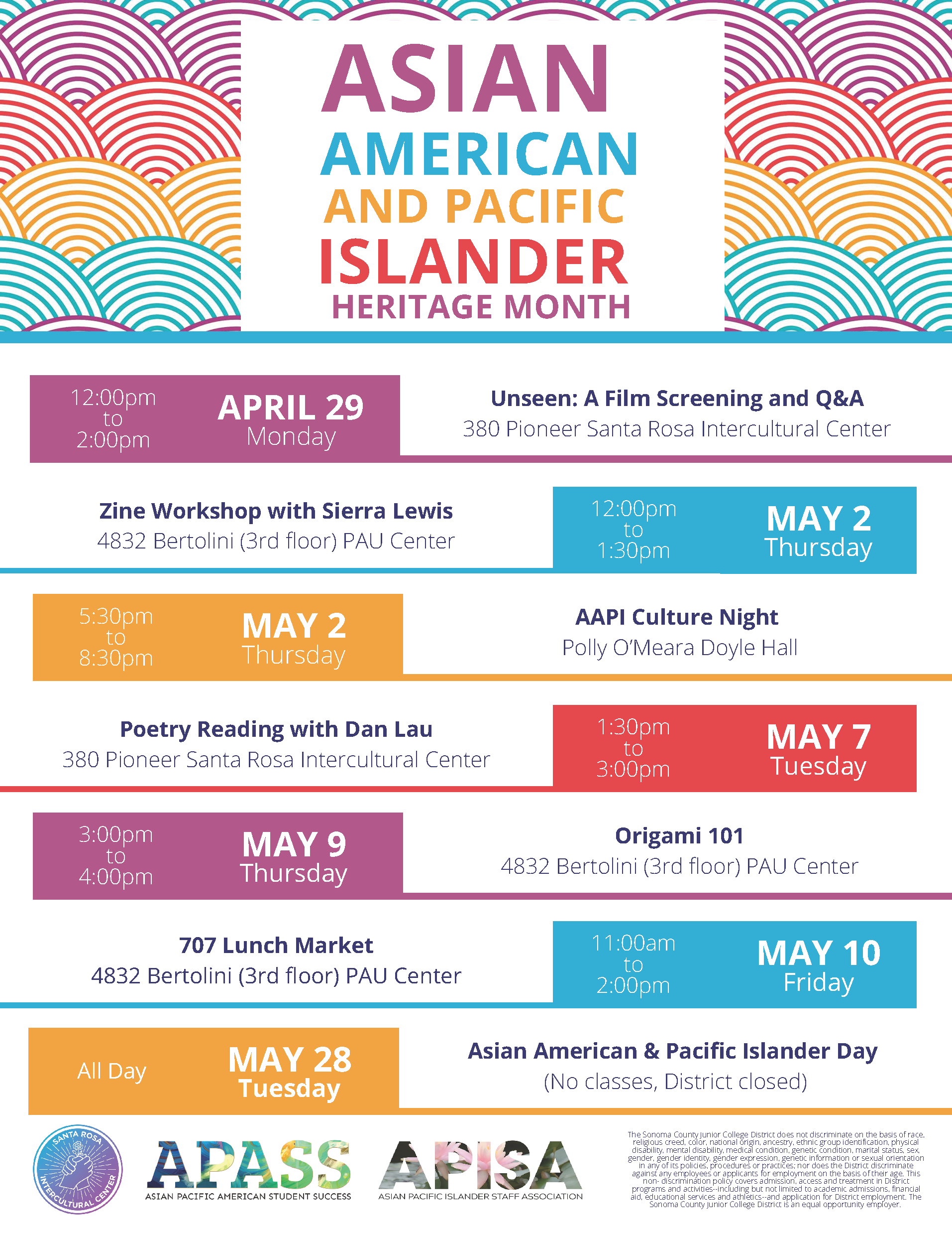 Join us for these 6 different events that celebrate the achievements, contributions, and history of Asian Pacific Islander Americans in the United States. https://intercultural.santarosa.edu/APIhm