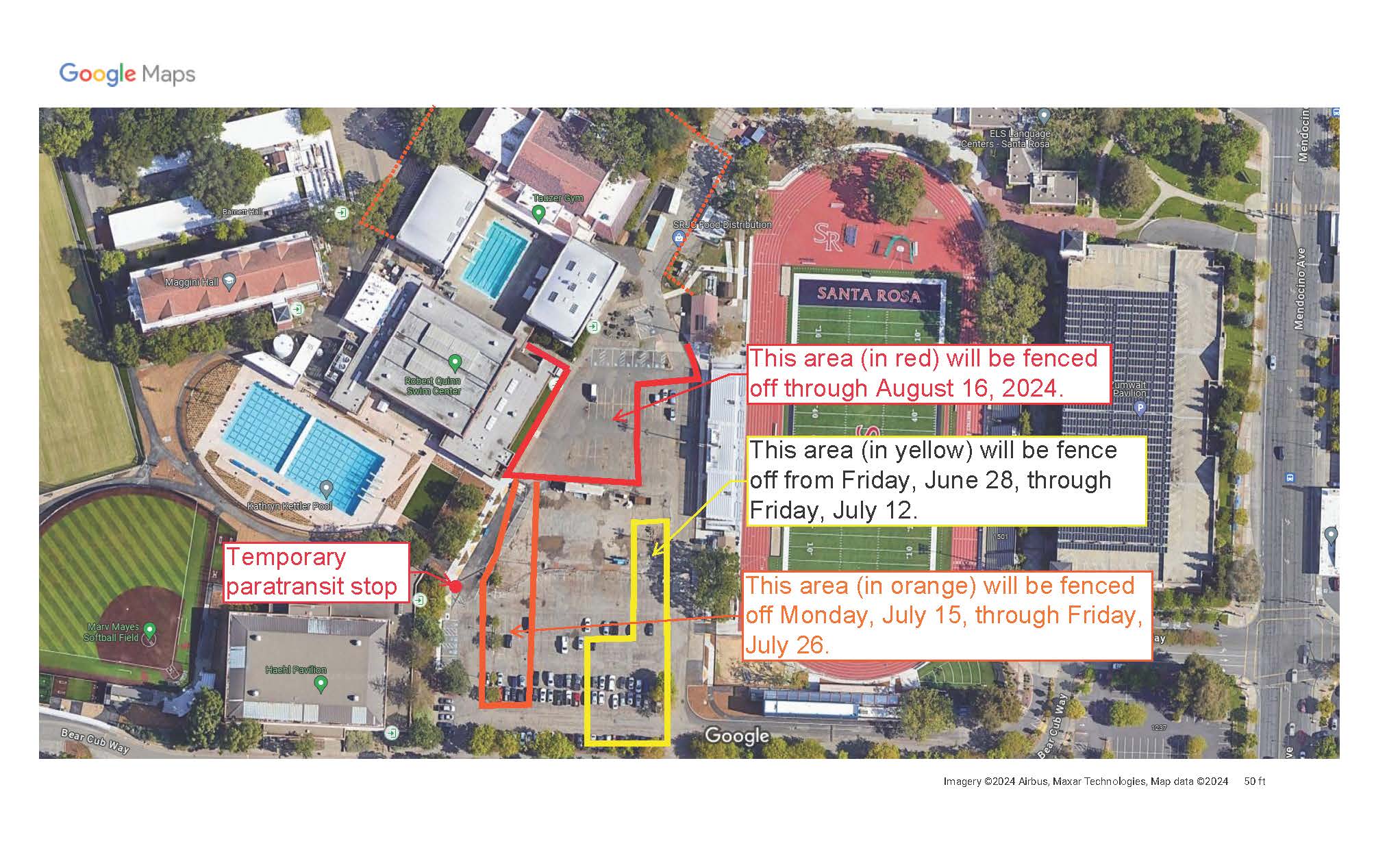 Please note the various closures: •	From May 28, 2024, through August 16, 2024, the north section of C Parking Lot will be closed.  •	From June 28, 2024, through July 12, 2024, the southeast section of C Parking Lot will be closed. •	From July 15, 2024, through July 26, 2024, the southwest section of C Parking Lot will be closed.  The paratransit stop at the east side of Quinn will be temporarily relocated in front of Haehl.   If you have any questions or concerns, please feel free to contact Project Manager Heather Chierici: hchierici@santarosa.edu    This project is funded by the Measure H Bond.   Thank you for your patience and understanding, as well as your continued support of the College District.