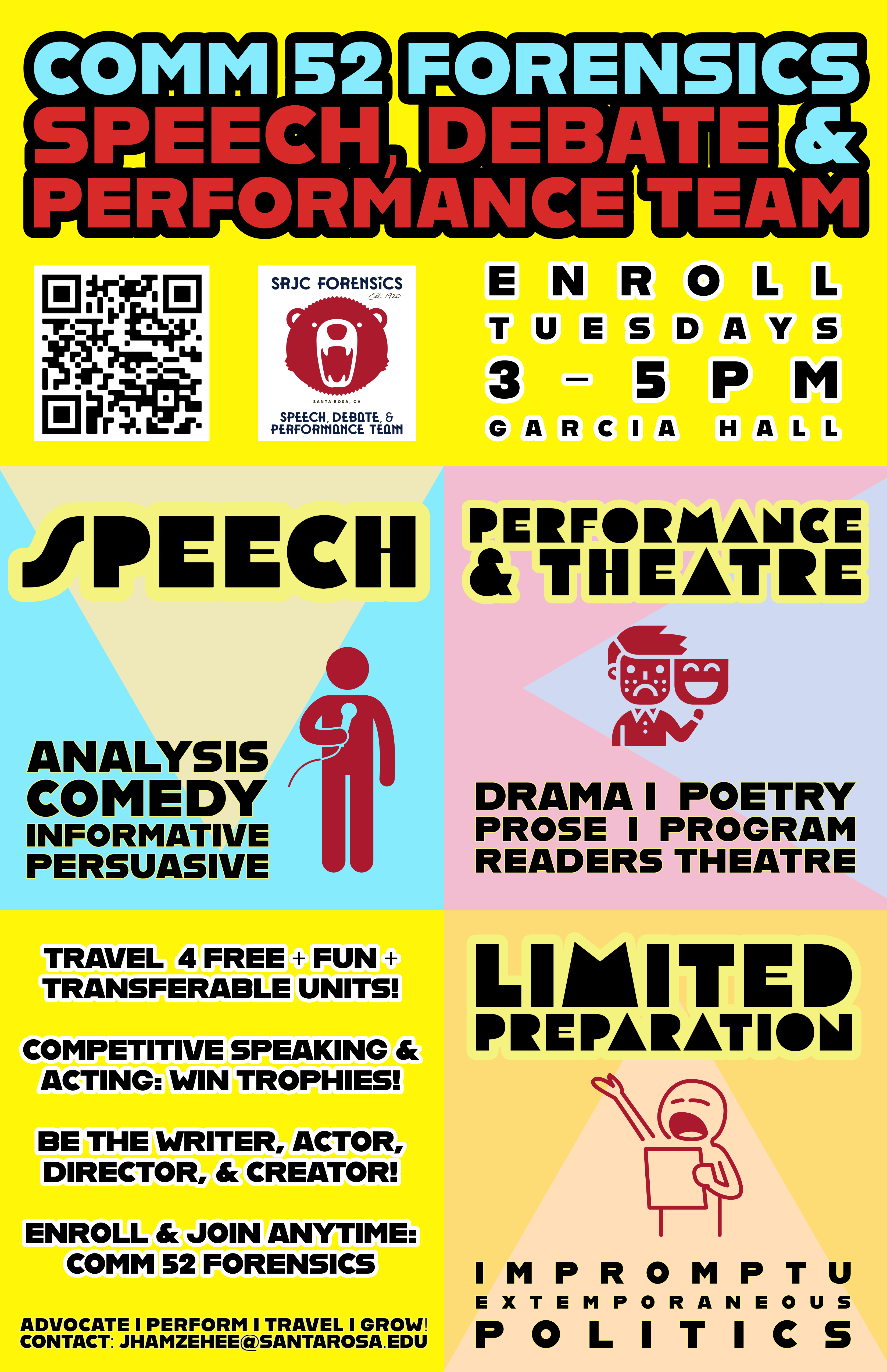 You can still late add for 1, 2, or 3 units in Comm 52A the Forensics Team!  Practices/classes Tuesdays 3-5pm (and we can be flexible!)  If you like to advocate, perform, travel, and grow, join the SRJC Forensics Speech, Debate, and Performance Team! We offer students opportunities to develop, refine, and practice communication skills. SRJC has a 100-year history of developing new speakers into confident performers, and guiding competitors to intramural tournament success, state titles, and national championships.  Get transferable and repeatable units (Comm 52A or B), enroll and compete every semester, grow communication and performance skills, play and experiment with ideas, advocate for a better world, make memories and connections, travel to new cities and campuses, expand your worldview, enhance your resume for your career, transferring, and graduate school, and work to be a national champion… all in a fun and supportive atmosphere!