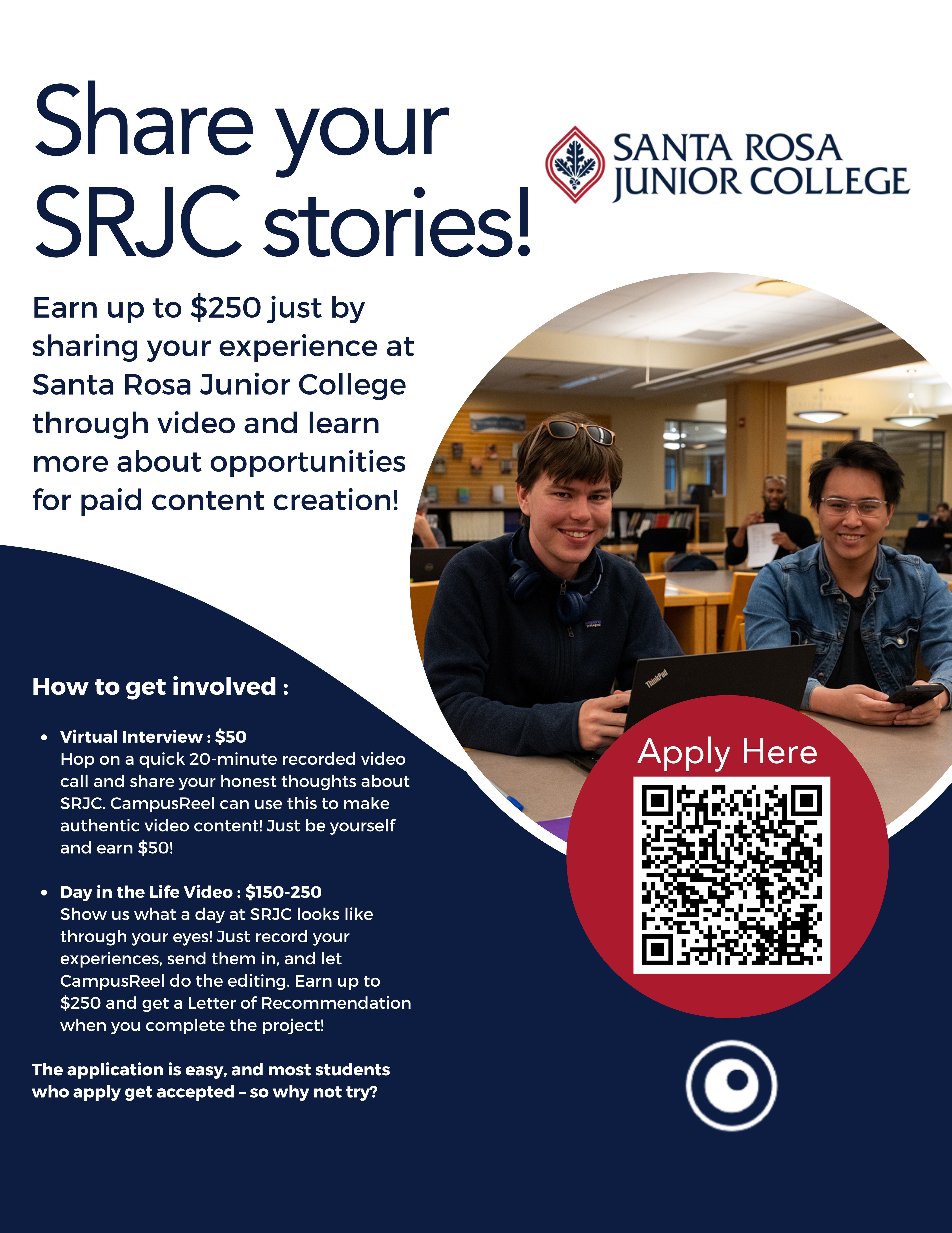 Interested in being a content creator or videographer? Gain experience and share your SRJC story! Learn more at  https://www.campusreel.org/student-jobs/santa-rosa-junior-college/student-videographer