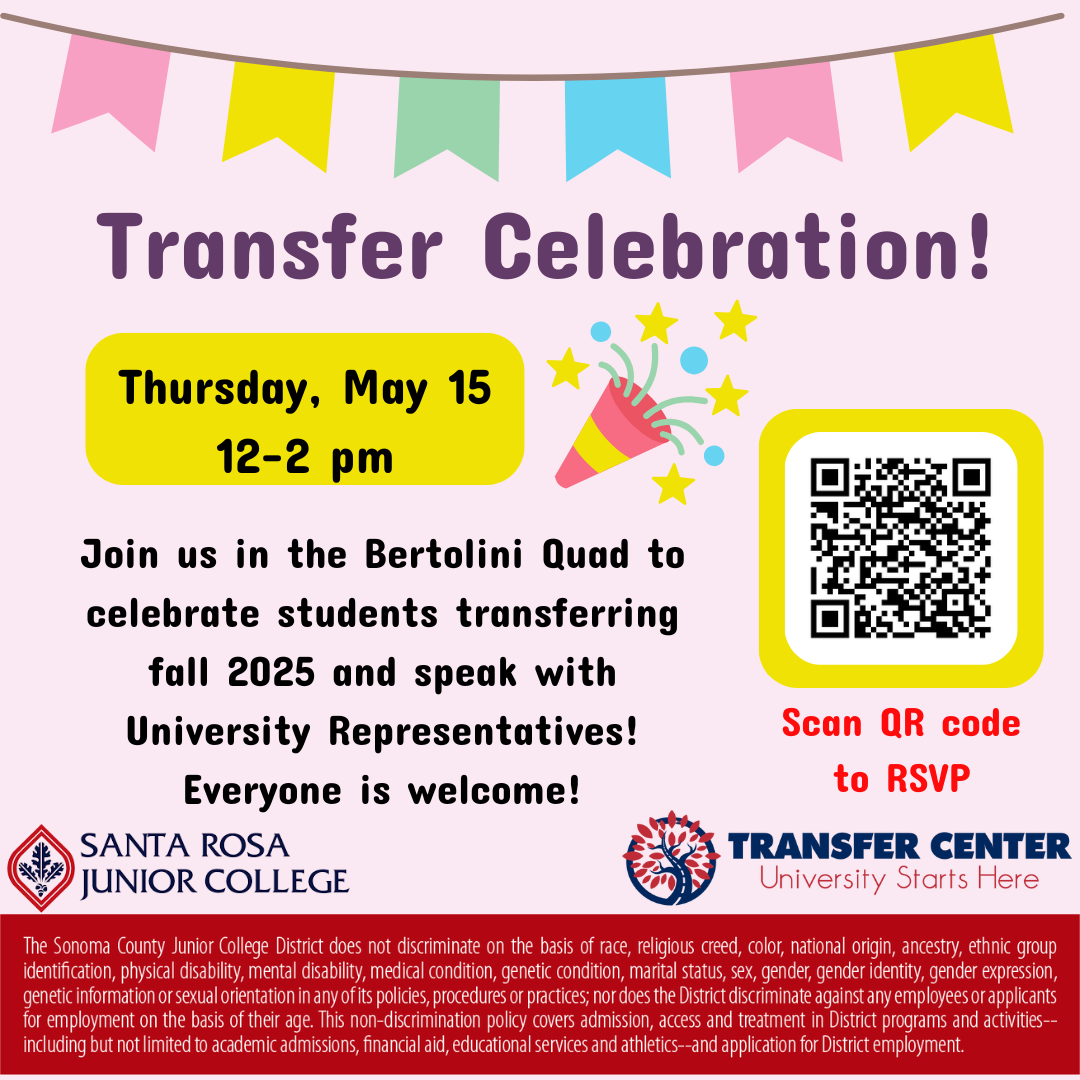  Join the Transfer Center for our Transfer Celebration on Thursday, May 15, from 12-2 pm in the Bertolini Quad to celebrate students transferring fall 2025 and speak with University Representatives!