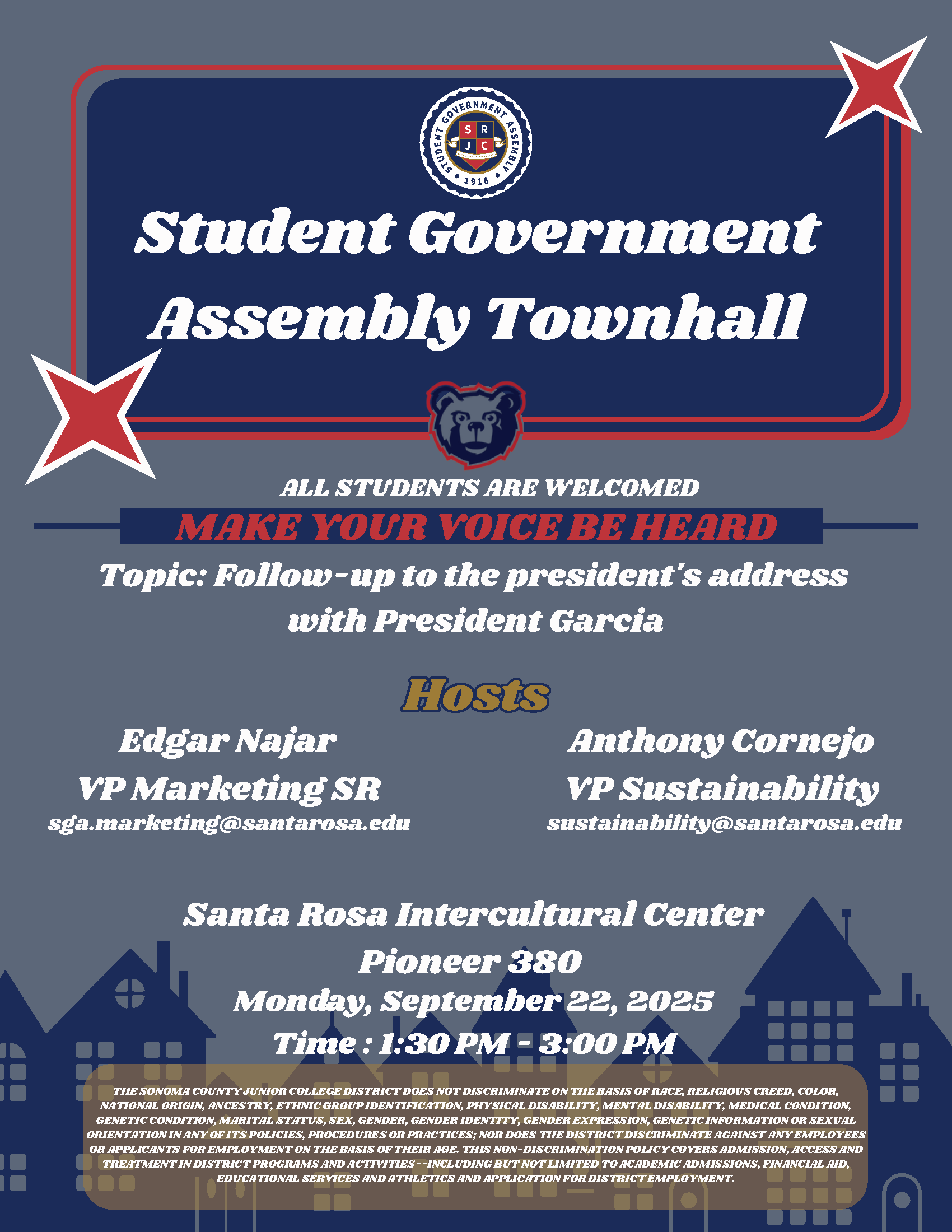 Alt text was not included with picture submission. Here is an included message: SGA's inaugural Town Hall discussion will be facilitated by your VP of Marketing- Edgar Flores. This post-presidential address will be a conversation with Dr. G herself! Join us as the Intercultural Center Monday, 9/22 at 2 pm to unpack the student perspective of Dr. Garcia's president address. There will be opportunity for dialogue, curiosity, education, AND food!   This is the first event of an ongoing series being hosted by your Student Government Association. If you have a suggestion for a future topic, let us know! 
