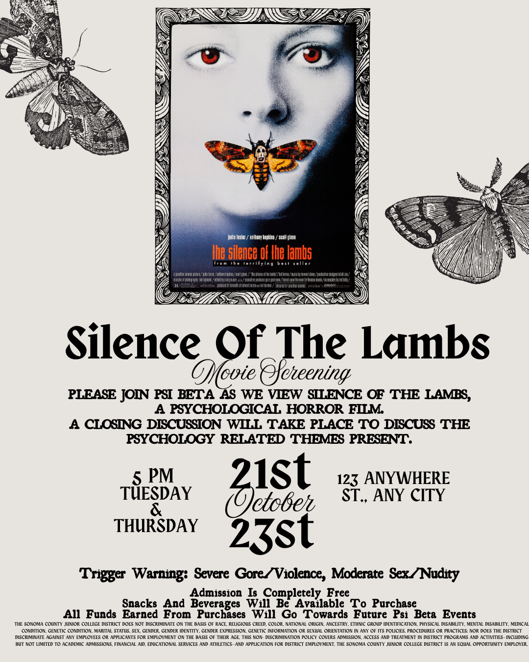  Silence Of The Lambs Movie Screening on 10/21/2025 and 10/23/2025 at 5:00pm to 8:00pm. Please Join Psi Beta as we view Silence Of the lambs, a psychological horror film.A closing Discussion will take place to discuss the psychology related themes present. Trigger Warning: Severe Gore/Violence, Moderate Sex/Nudity. Admission Is Completely Free. Snacks And Beverages Will Be Available To Purchase. All Funds Earned From Purchases Will Go Towards Future Psi Beta Events.