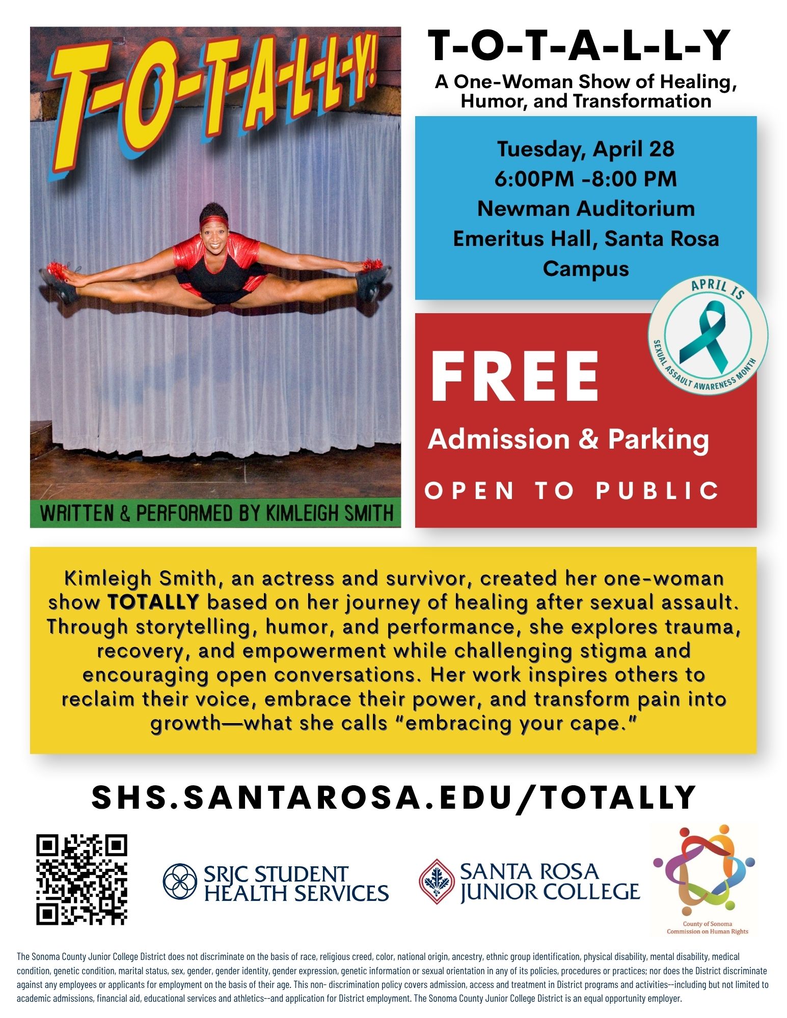 TOTALLY: A One-Woman Show of Healing, Humor, and Transformation.” Image shows a performer mid-air doing a jump split on a stage. Event is Tuesday, April 28, 6:00–8:00 PM at Newman Auditorium, Emeritus Hall, Santa Rosa Campus. Free admission and parking, open to the public. Includes note that April is Sexual Assault Awareness Month and a description of the show focusing on healing, empowerment, and storytelling.