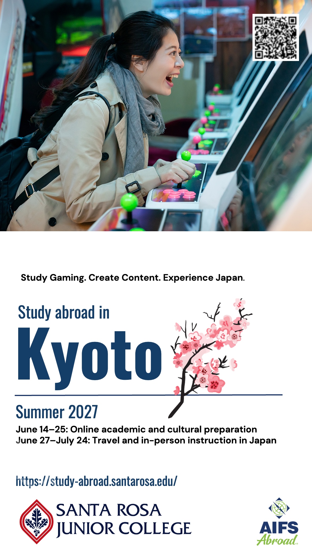 Study gaming. Create content. Experience Japan. Study Abroad in Kyoto. Summer 2027. June 14–25: Online academic and cultural preparation June 27–July 24: Travel and in-person instruction in Japan  Learn more at https://study-abroad.santarosa.edu/kyoto-japan-summer-2027